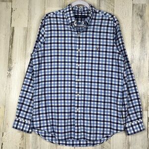 Ralph Lauren Long Sleeve Men's Shirt Size Medium Cotton Poplin Blue Gingham‎